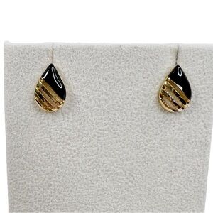 HR Stamped Gold Tone Black Enamel Teardrop Raindrop Pierced Earrings